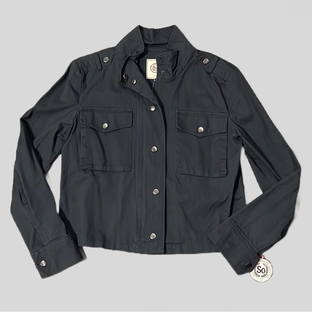 NWT SO Brand Dark Gray Military Style Utility Jacket Button Down Zipper Sz L